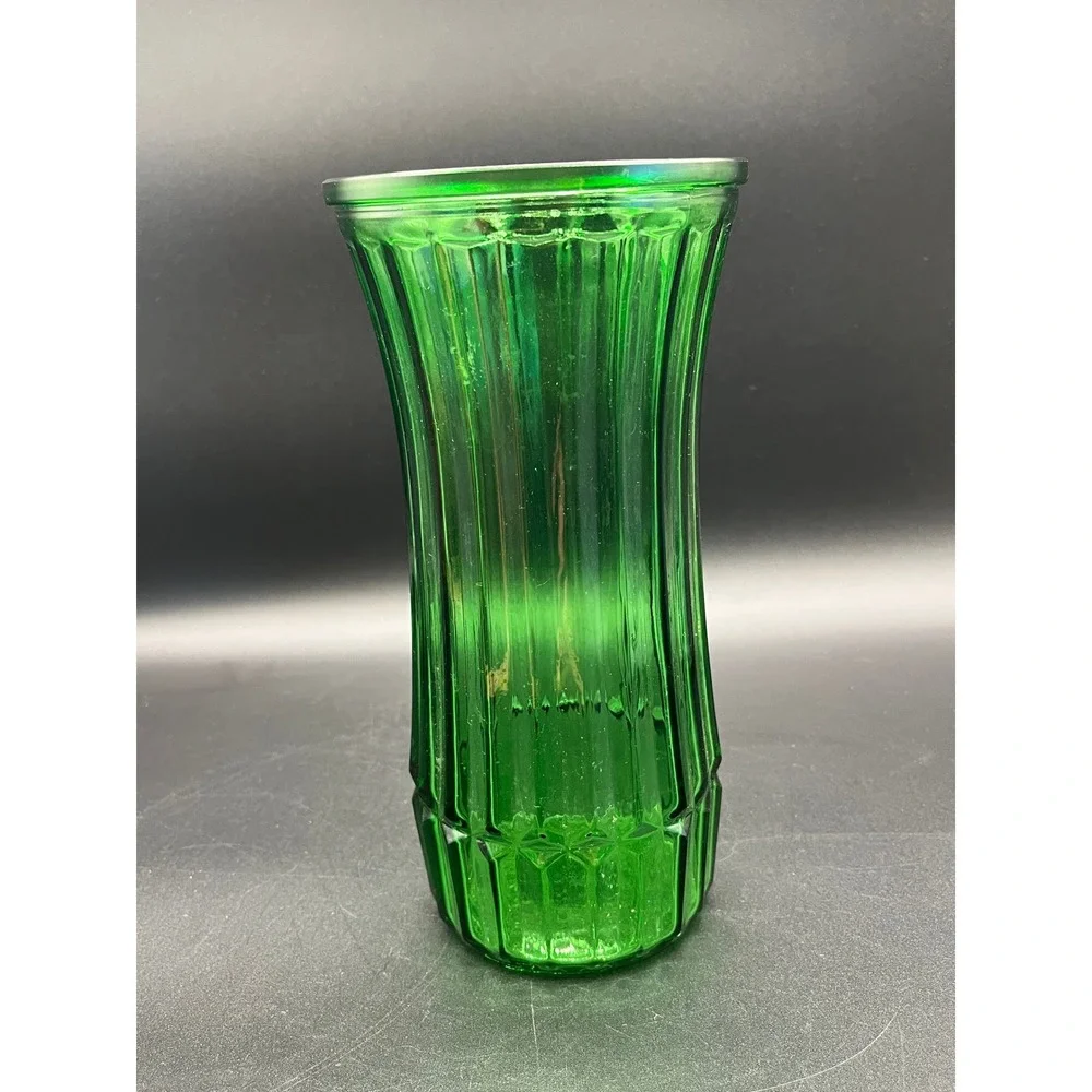 VTG‎ Green Hoosier Ribbed Glass Flower Floral Arrangement Vase 8.5